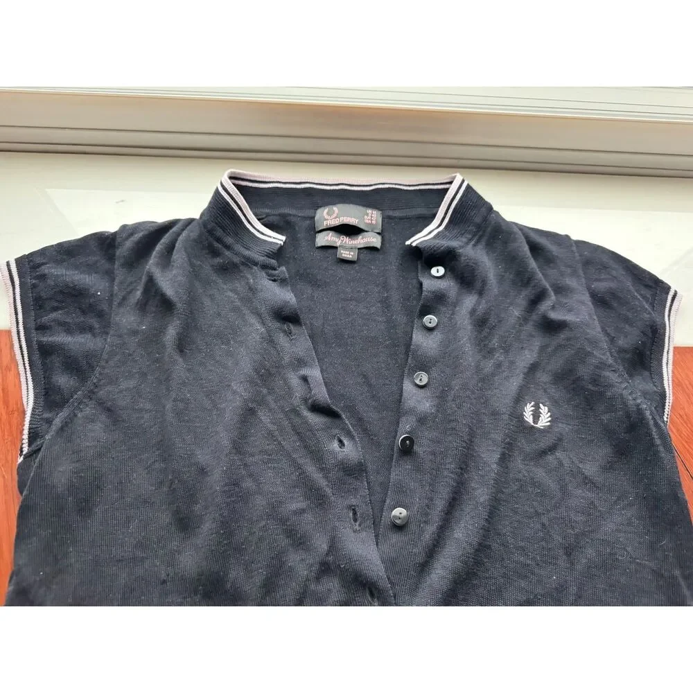 Fred Perry x Amy Winehouse Collab Knit Polo Cardigan Black Pink Trim Sz 10/UK14 - Picture 5 of 9